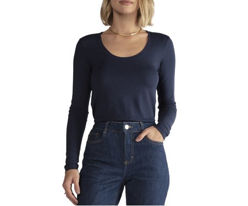 Camiseta Pima Gola U Manga Longa Feminina Azul Marinho, blue | WestwingNow