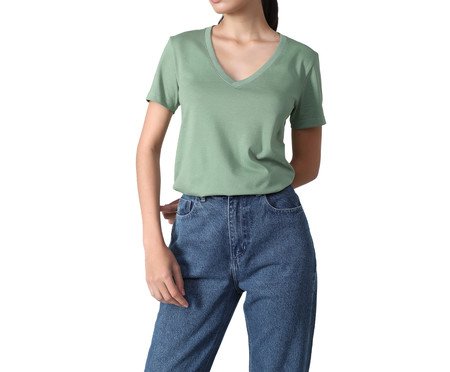 Camiseta Pima Gola V Feminina Verde Oliva | Westwing