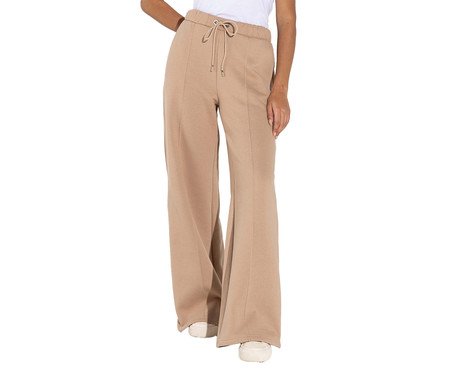 Calça Wide Leg Moletom Flanelado Feminina Bege Camel | Westwing