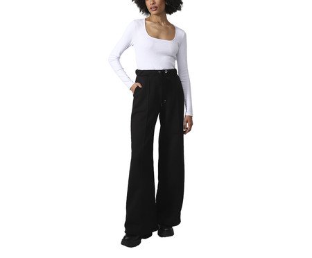 Calça Wide Leg Moletom Flanelado Feminina Preta | Westwing
