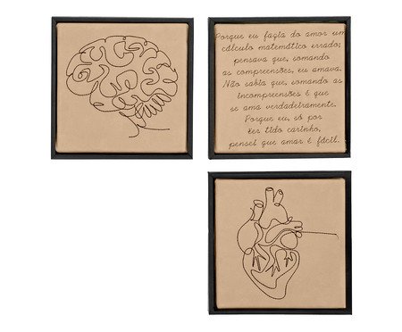 Jogo de Quadro Trio Cérebro, Incompreensões e Coração Bordados | Westwing