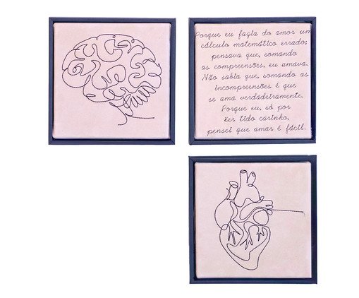 Jogo de Quadro Trio Cérebro, Incompreensões e Coração Bordados, beige | WestwingNow