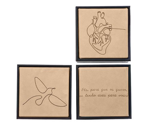 Jogo de Quadro Trio Coração, Pés e Pássaro Bordados, beige | WestwingNow