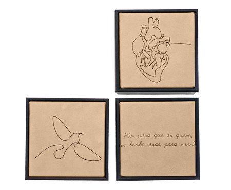 Jogo de Quadro Trio Coração, Pés e Pássaro Bordados | Westwing