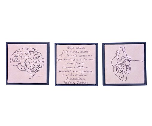 Jogo de Quadro Trio Cérebro, Teadorar e Coração Bordados, beige | WestwingNow