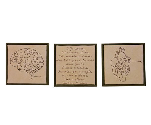 Jogo de Quadro Trio Cérebro, Teadorar e Coração Bordados, beige | WestwingNow