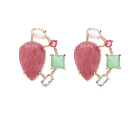 Brinco Gold com Rodonita e Cristais Peridoto Rosa e Água Marinha