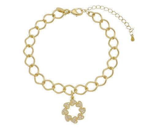 Pulseira Gold Elo Groumet com Corações Cravejado, Dourado | WestwingNow