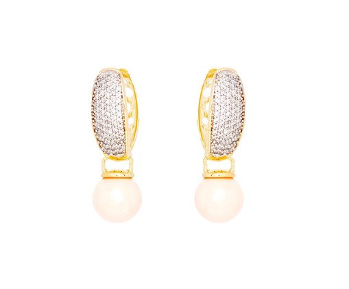 Brinco Cravejado e Pérola Rosa Semijoia Banho de Ouro 18K, Dourado | WestwingNow