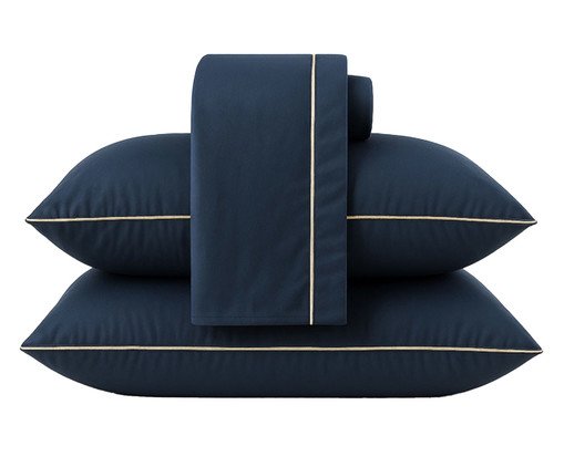 Jogo de Lençol Clássico Colorlife com Vivo Percal Azul Marinho 200 Fios, white | WestwingNow