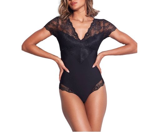 Body Modelador em Renda e Microfibra Preto, Preto | WestwingNow