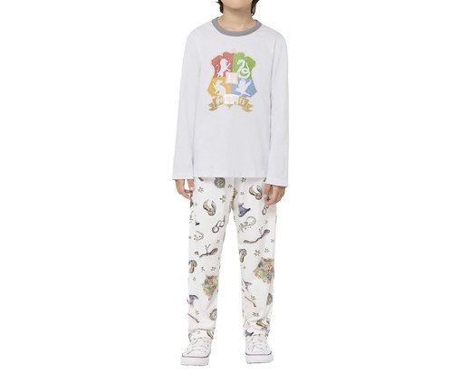 Pijama Manga Longa Masculino Infantil Hogwarts com estampa Metalizada, white | WestwingNow