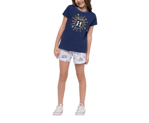 Pijama Manga Curta Feminino Hogwarts Infantil com Estampa em Foil, blue | WestwingNow
