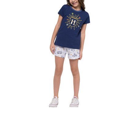 Pijama Manga Curta Feminino Hogwarts Infantil com Estampa em Foil