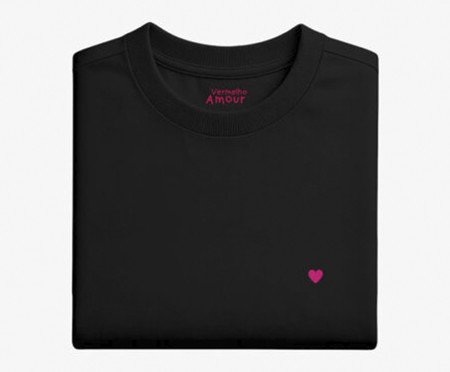 Camiseta Cotton Preta - Coração Micro Rosa Pink | Westwing