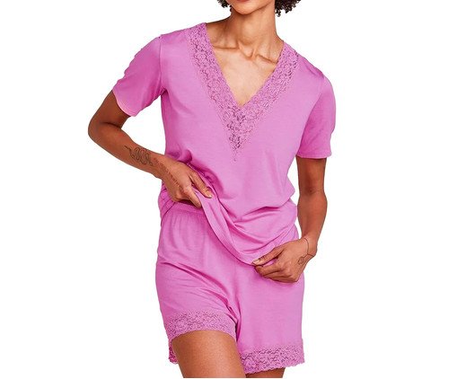 Conjunto Pijama Short-Doll Manga Curta Happy Rosa Candy, pink | WestwingNow