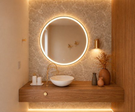 Espelho Redondo Conrado Preto com Led Frontal Branco Quente | Westwing