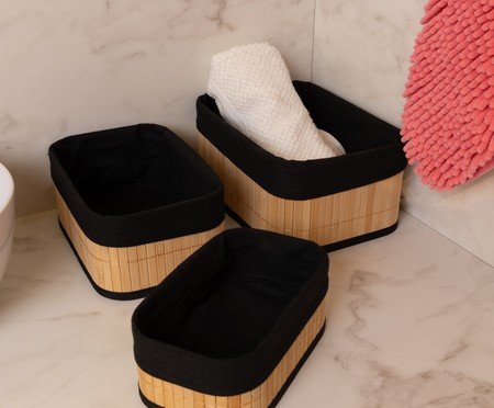 Jogo de Cestos Retangulares com Forro em Tecido Preto | Westwing