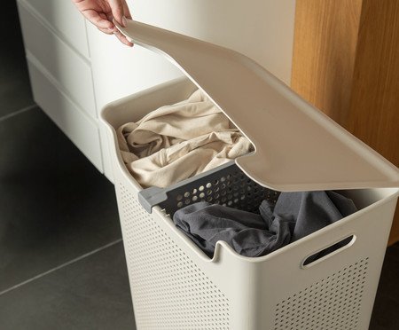 Cesto de Roupas Duplo Compartimento Flow Fechado Bege | Westwing