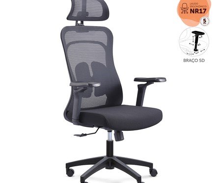 Office Aspen com apoio e braços 5D Tela Mesh Preta | Westwing