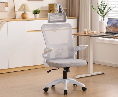Office Baltimore com Apoio Tela Mesh Cinza Base Branca | Westwing