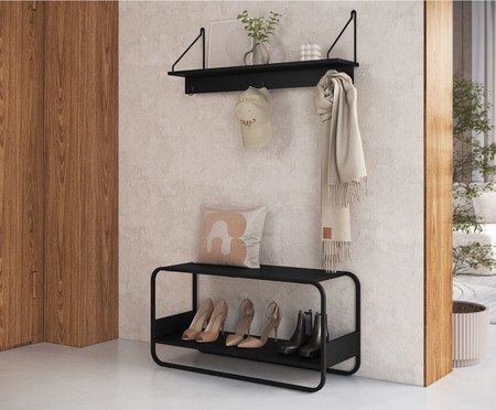 Jogo de Sapateira Banco e Prateleira Orgânico Luna Nero | Westwing