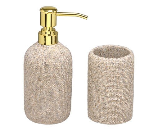Jogo Porta-sabonete e Porta-escova para Banheiro Aquara Areia e Dourado, beige | WestwingNow