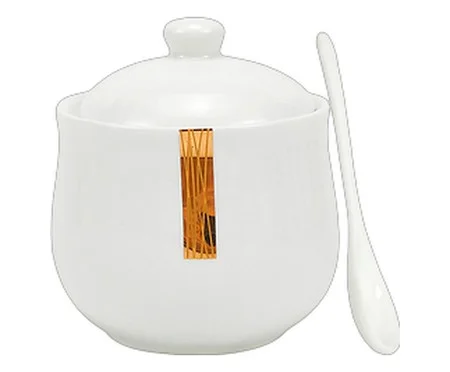 Açucareiro com Colher em Porcelana Lumie Branco e Dourado | Westwing