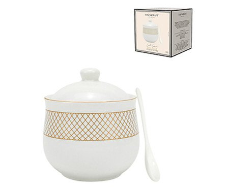 Açucareiro com Colher em Porcelana Regal Branco e Dourado | Westwing