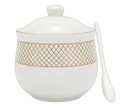 Açucareiro com Colher em Porcelana Regal Branco e Dourado | Westwing