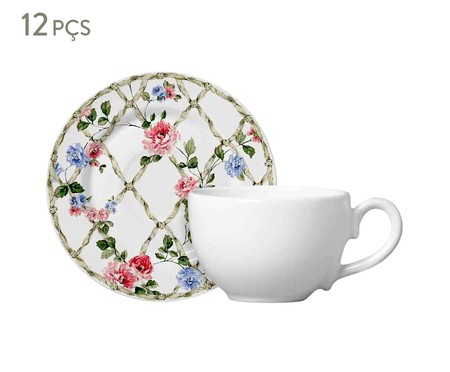 Jogo de Xícaras de Chá em Cerâmica Floral - Colorido