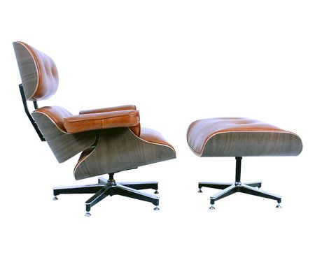 Poltrona e Pufe em Couro Charles Eames - Caramelo e Imbuia | Westwing