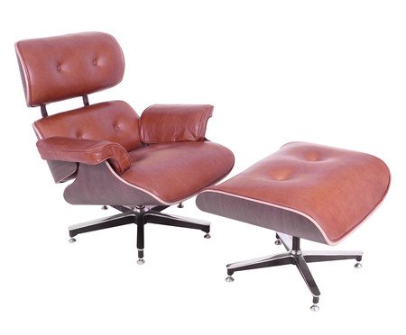 Poltrona e Pufe em Couro Charles Eames - Caramelo e Imbuia | Westwing