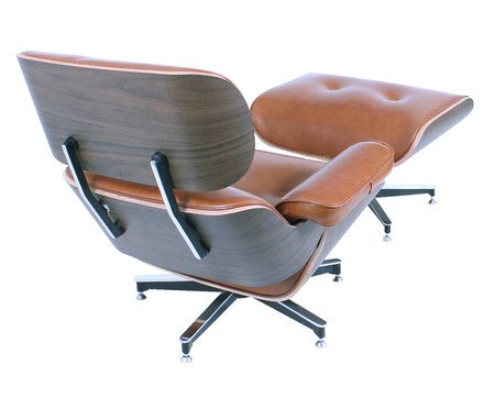 Poltrona e Pufe em Couro Charles Eames - Caramelo e Imbuia | Westwing