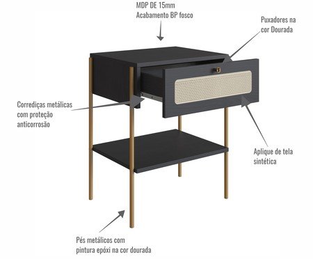 Mesa de Cabeceira Tela Oslo Nero e Dourado | Westwing