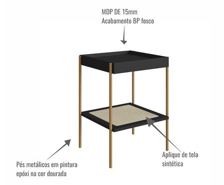 Mesa Lateral Quadrada com Prateleira Tela Oslo Nero e Dourado | Westwing