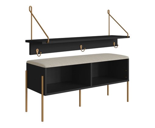 Jogo de Sapateira Banco Estofada e Prateleira Oslo Nero e Dourado, black | WestwingNow