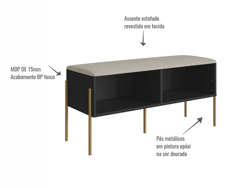 Jogo de Sapateira Banco Estofada e Prateleira Oslo Nero e Dourado | Westwing