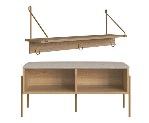 Jogo de Sapateira Banco Estofada e Prateleira Oslo Hanover e Dourado, Natural | WestwingNow