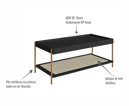 Mesa de Centro Retangular com Prateleira Tela Oslo Nero e Dourado | Westwing
