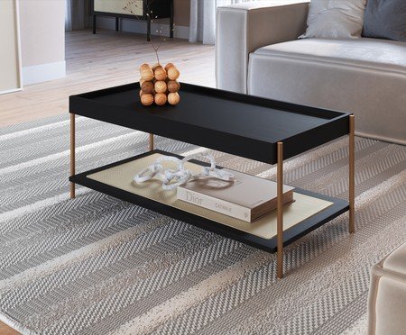 Mesa de Centro Retangular com Prateleira Tela Oslo Nero e Dourado | Westwing