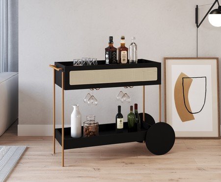 Carrinho Bar com Porta Taças Tela Oslo Nero e Dourado | Westwing