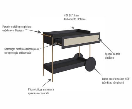 Carrinho Bar com Porta Taças Tela Oslo Nero e Dourado | Westwing