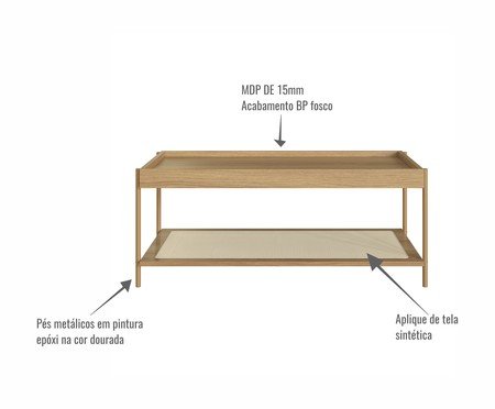 Mesa de Centro Retangular com Prateleira Tela Oslo Hanover e Dourado | Westwing
