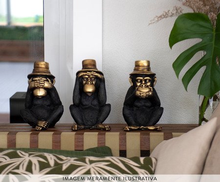 Escultura Macaco com Chapéu Cego Surdo e Mudo Preto e Dourado | Westwing