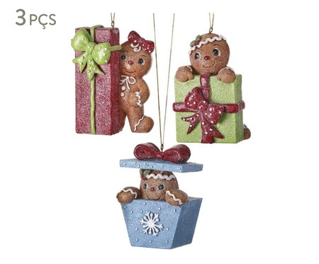 Jogo de Ornamentos em Resina Gingerbread Azul